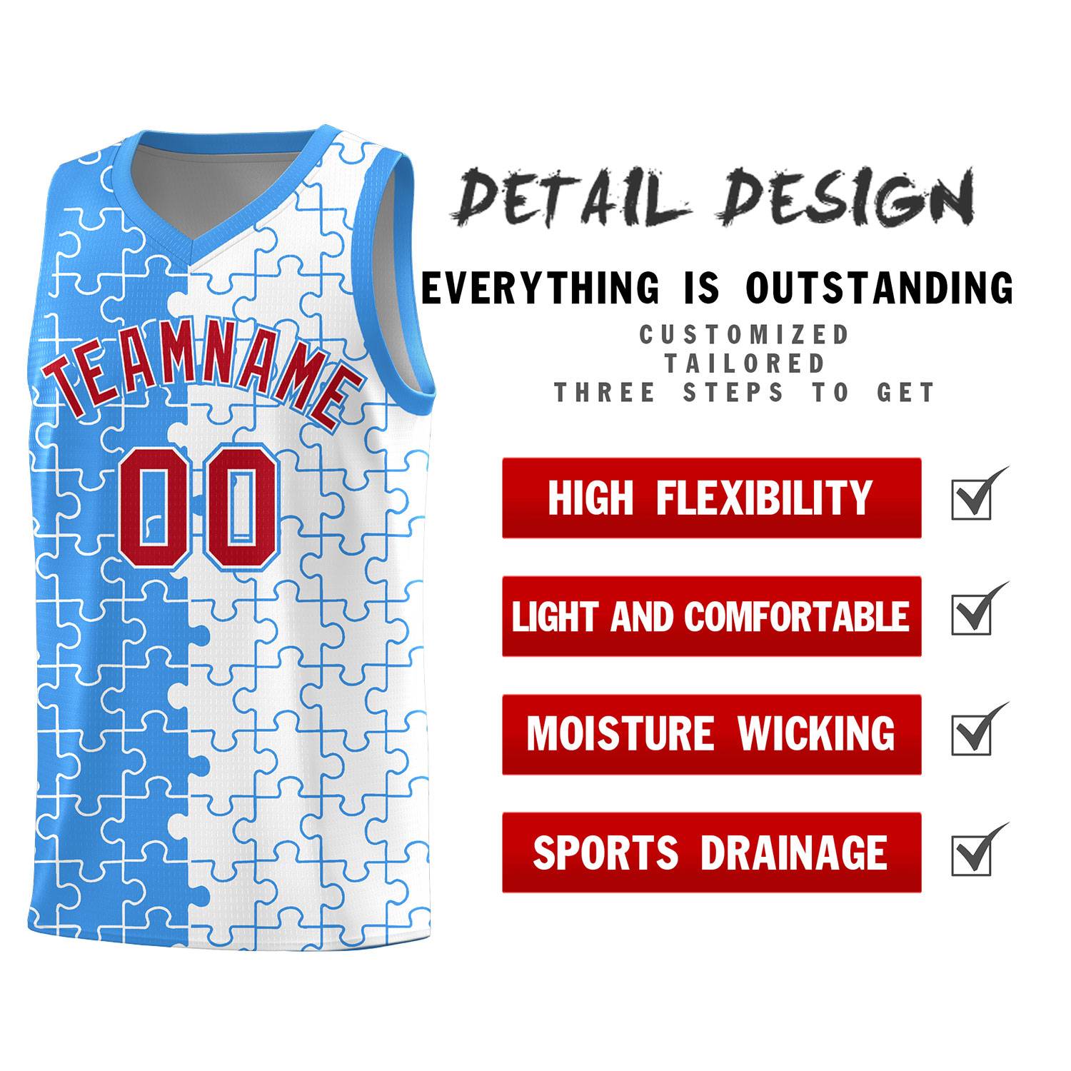 Custom Light Blue White Splid Basketball Kits With Puzzle Pattern