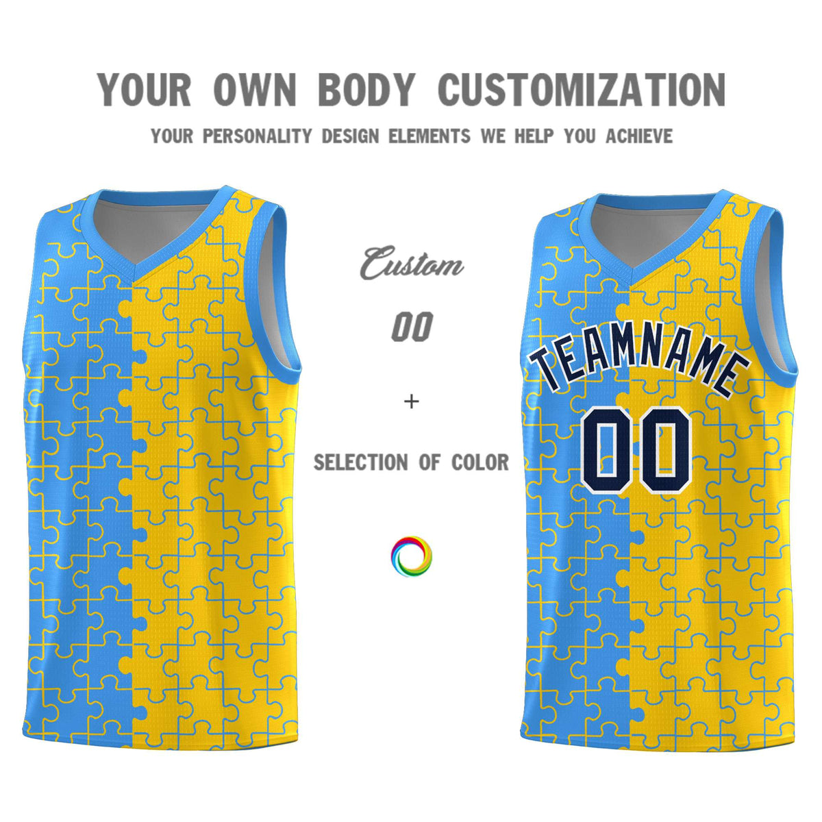 Custom Light Blue Gold Splid Basketball Kits With Puzzle Pattern