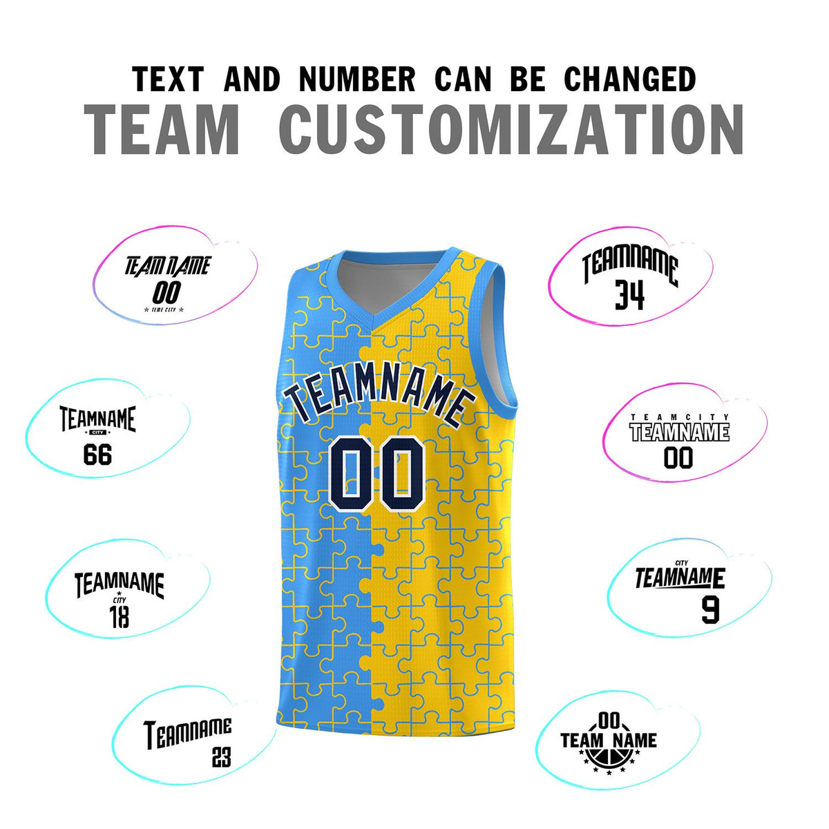 Custom Light Blue Gold Splid Basketball Kits With Puzzle Pattern