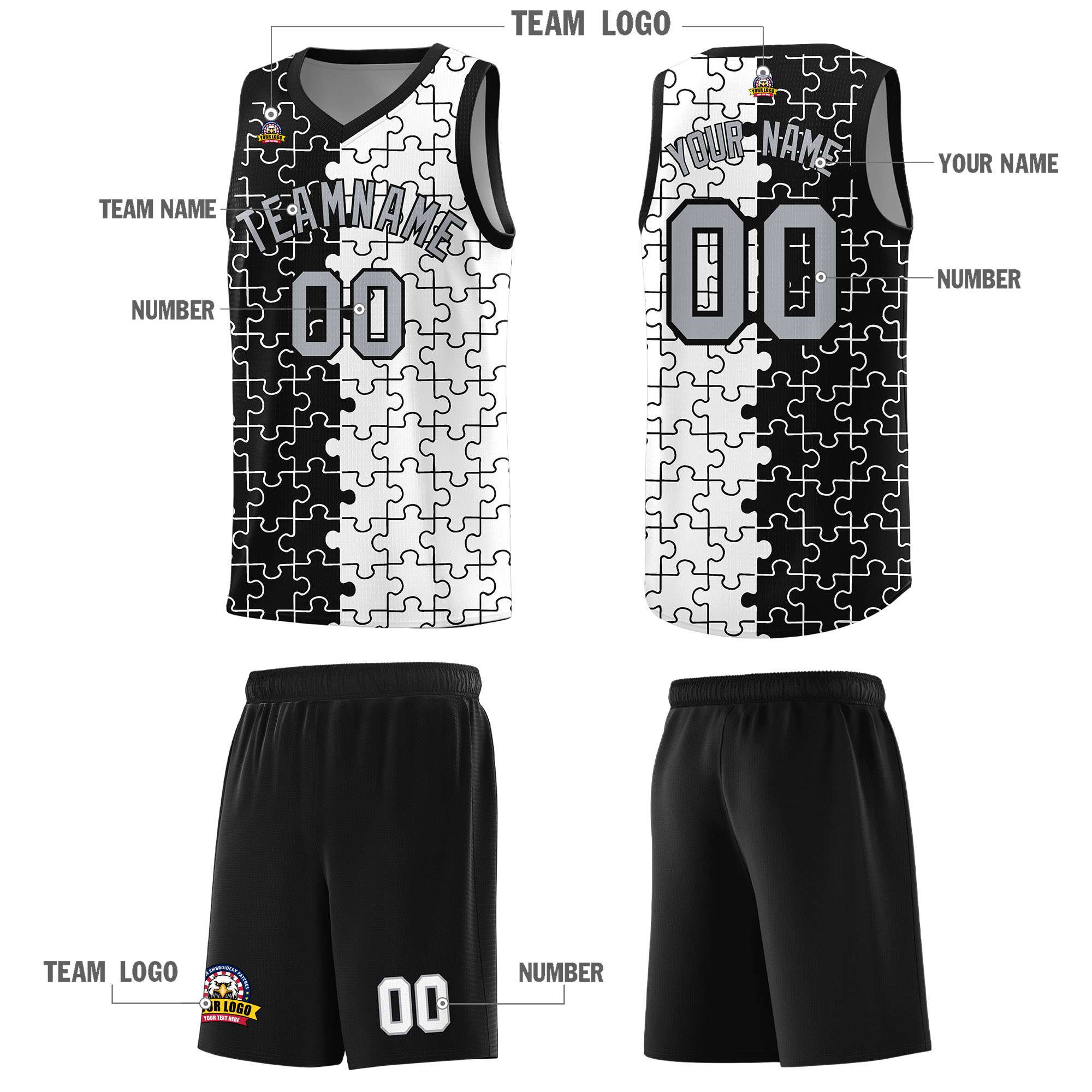 Custom Black White Splid Basketball Kits With Puzzle Pattern