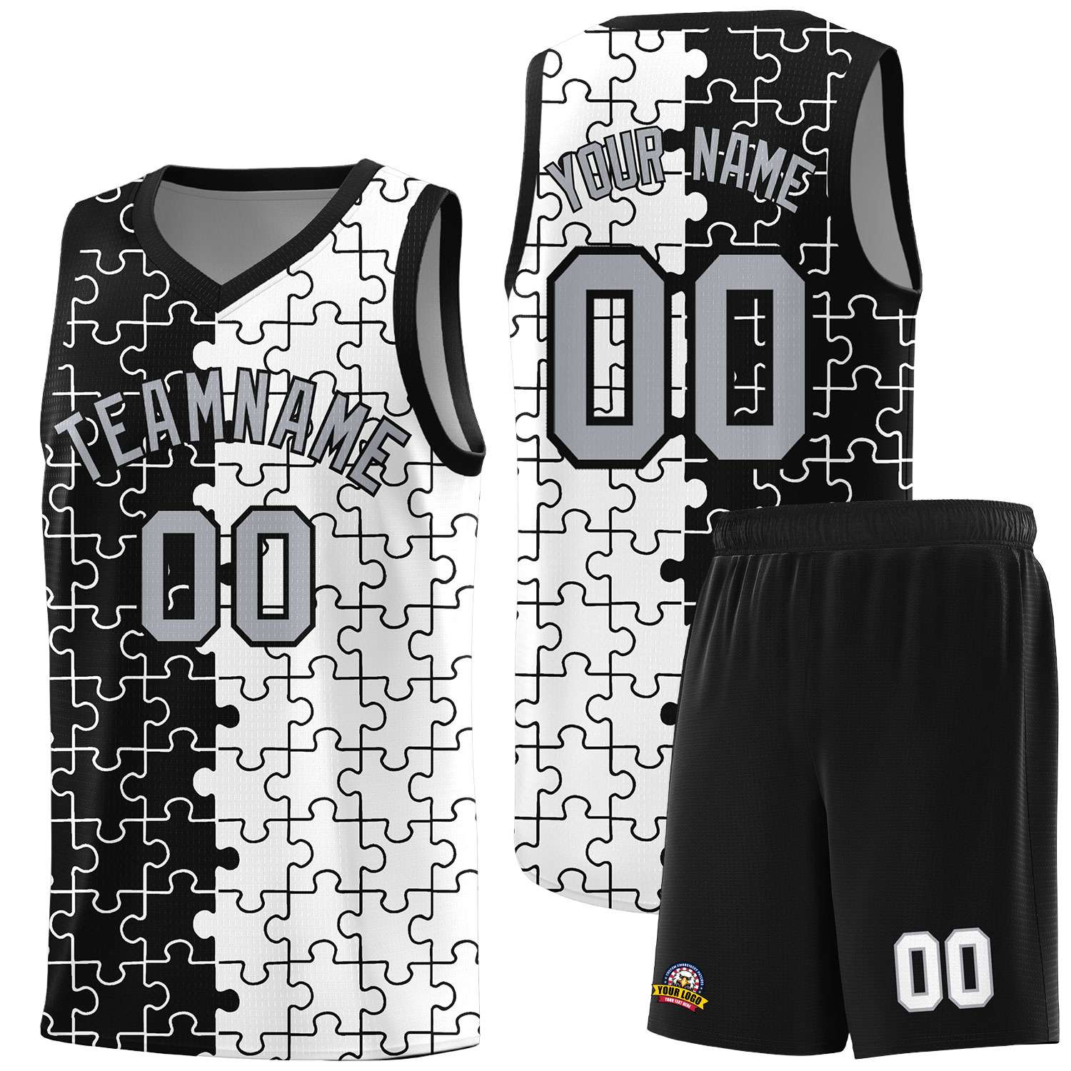 Custom Black White Splid Basketball Kits With Puzzle Pattern