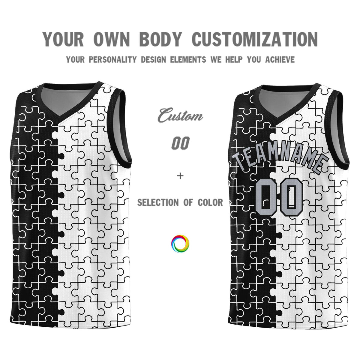 Custom Black White Splid Basketball Kits With Puzzle Pattern