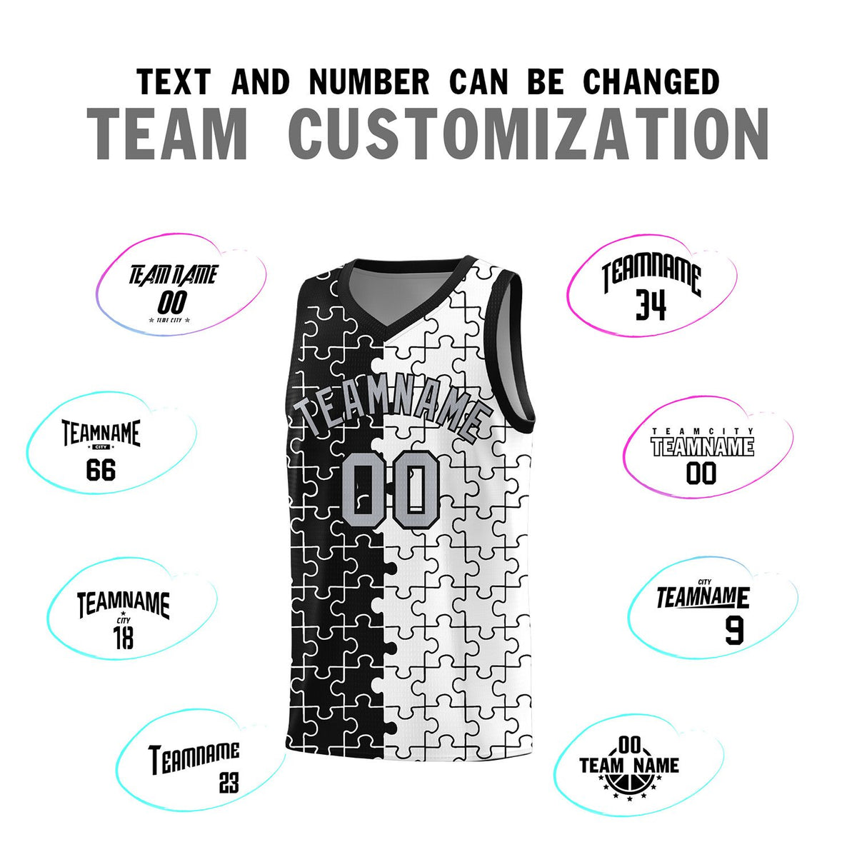 Custom Black White Splid Basketball Kits With Puzzle Pattern