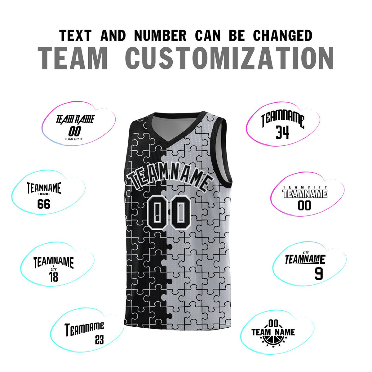 Custom Black Gray Splid Basketball Kits With Puzzle Pattern