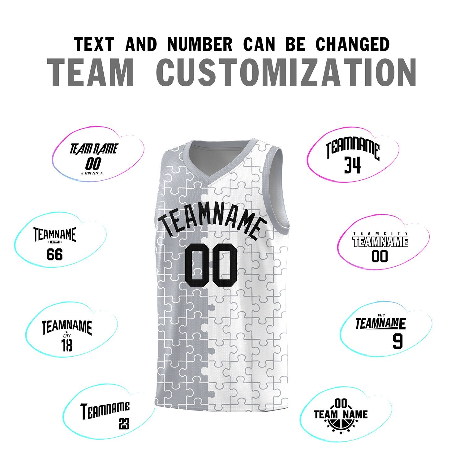 Custom Gray White Splid Basketball Kits With Puzzle Pattern
