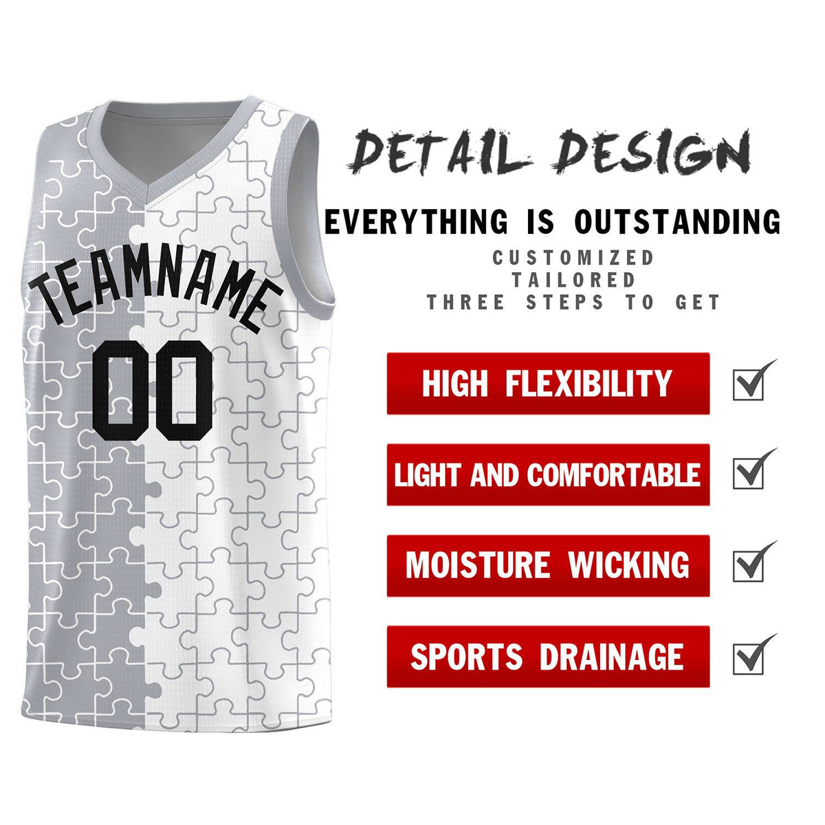 Custom Gray White Splid Basketball Kits With Puzzle Pattern