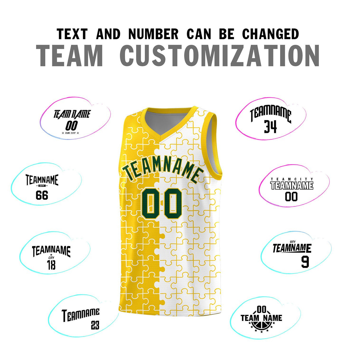 Custom Gold White Splid Basketball Kits With Puzzle Pattern