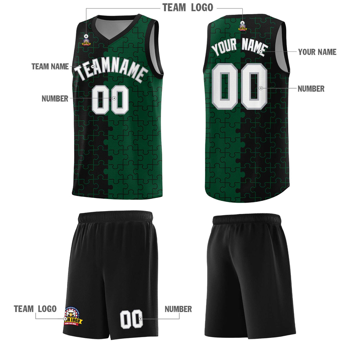 Custom Black Green Splid Basketball Kits With Puzzle Pattern