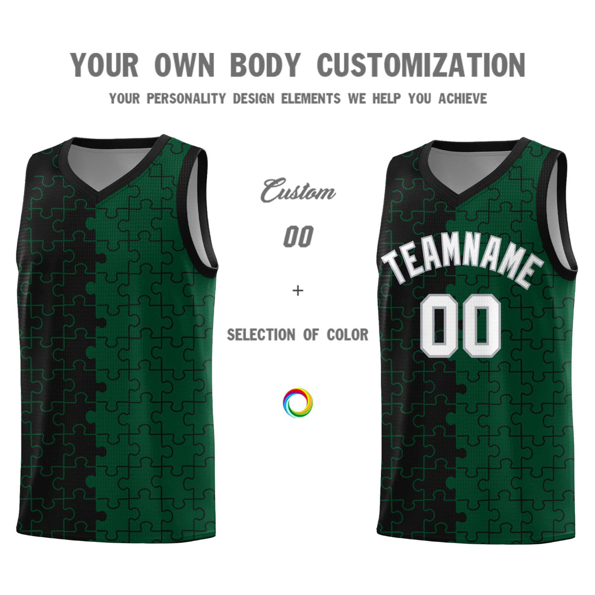 Custom Black Green Splid Basketball Kits With Puzzle Pattern