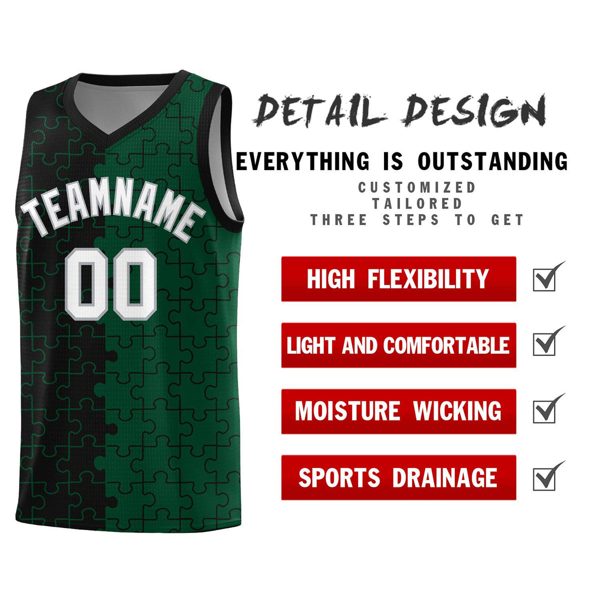 Custom Black Green Splid Basketball Kits With Puzzle Pattern