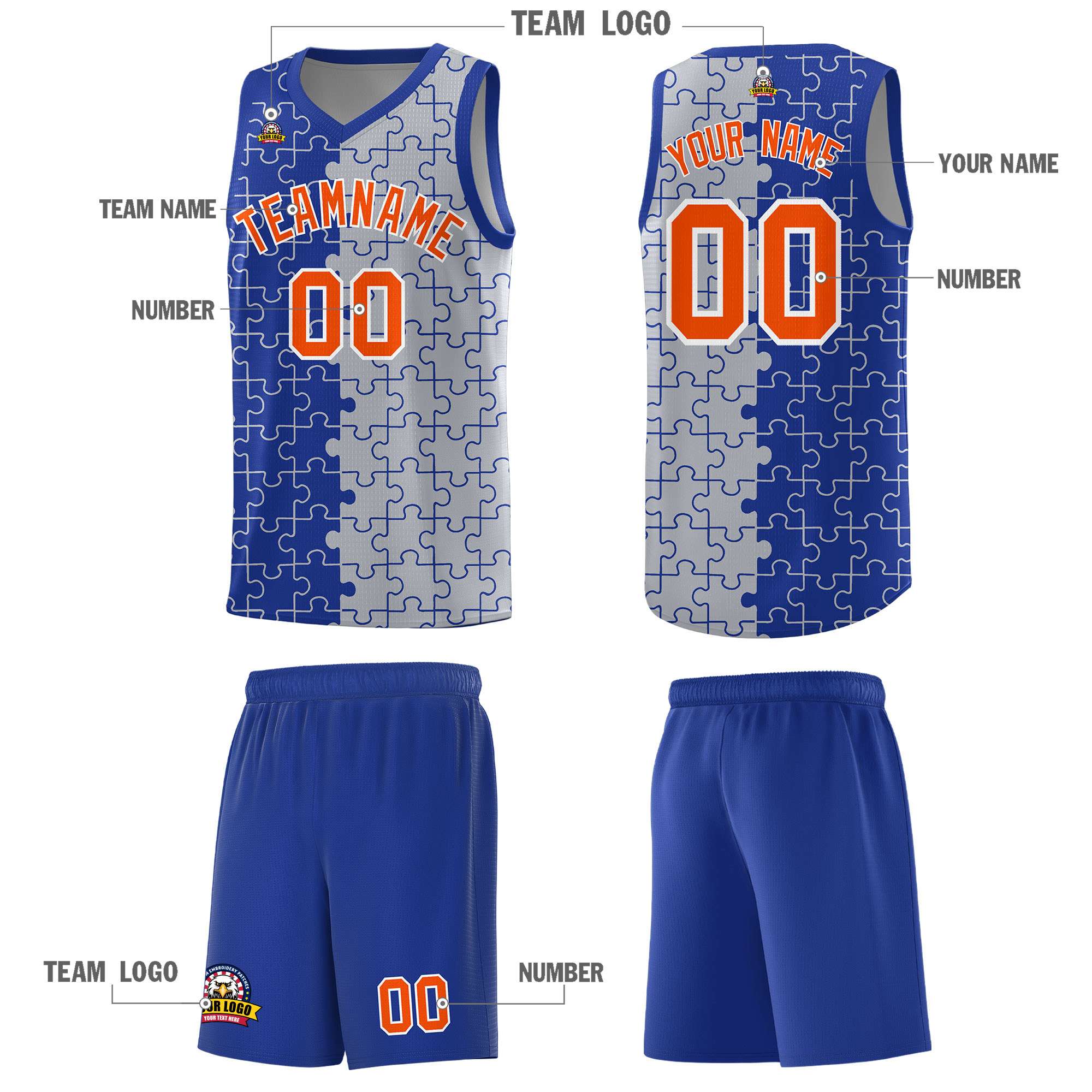 Custom Royal Gray Splid Basketball Kits With Puzzle Pattern