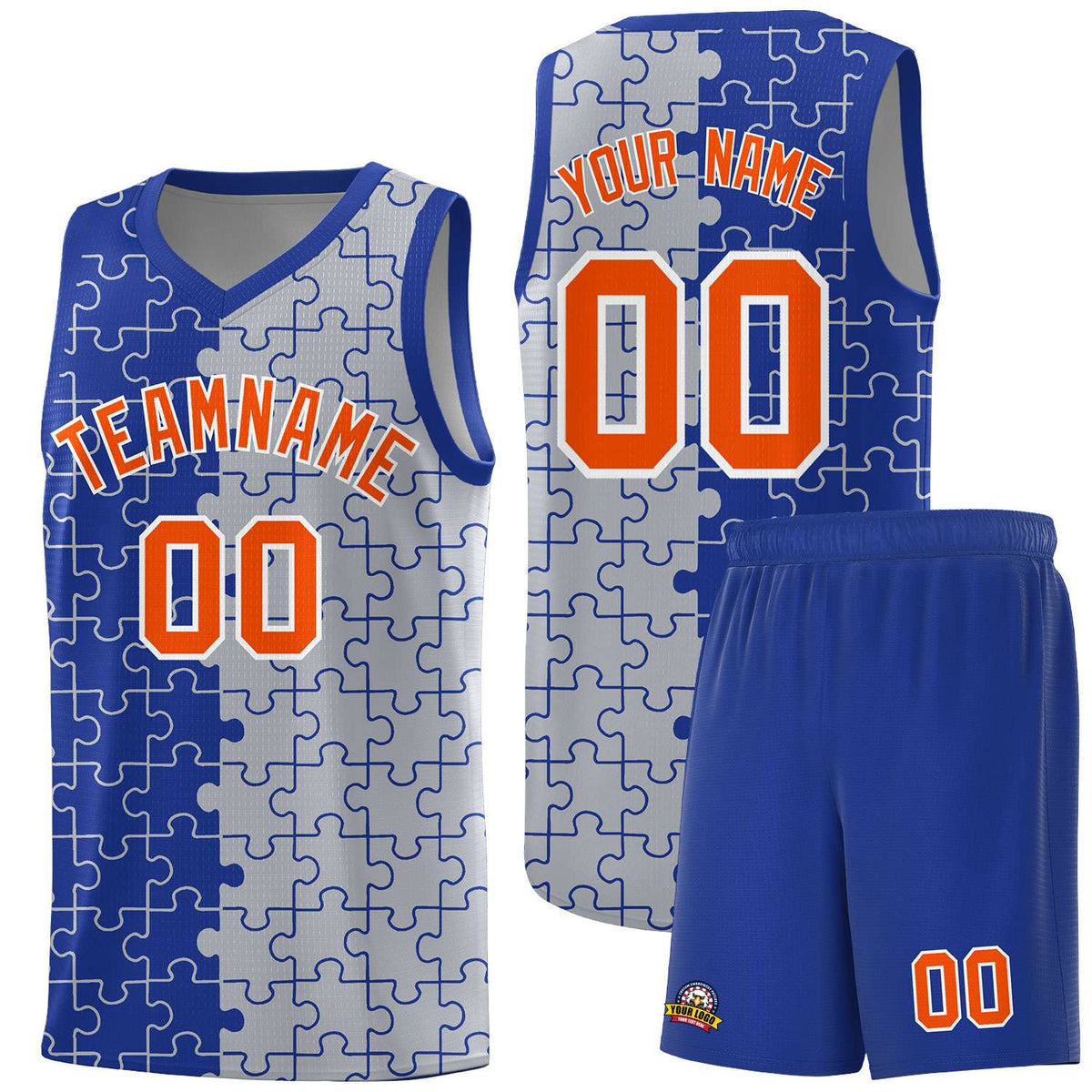 Custom Royal Gray Splid Basketball Kits With Puzzle Pattern