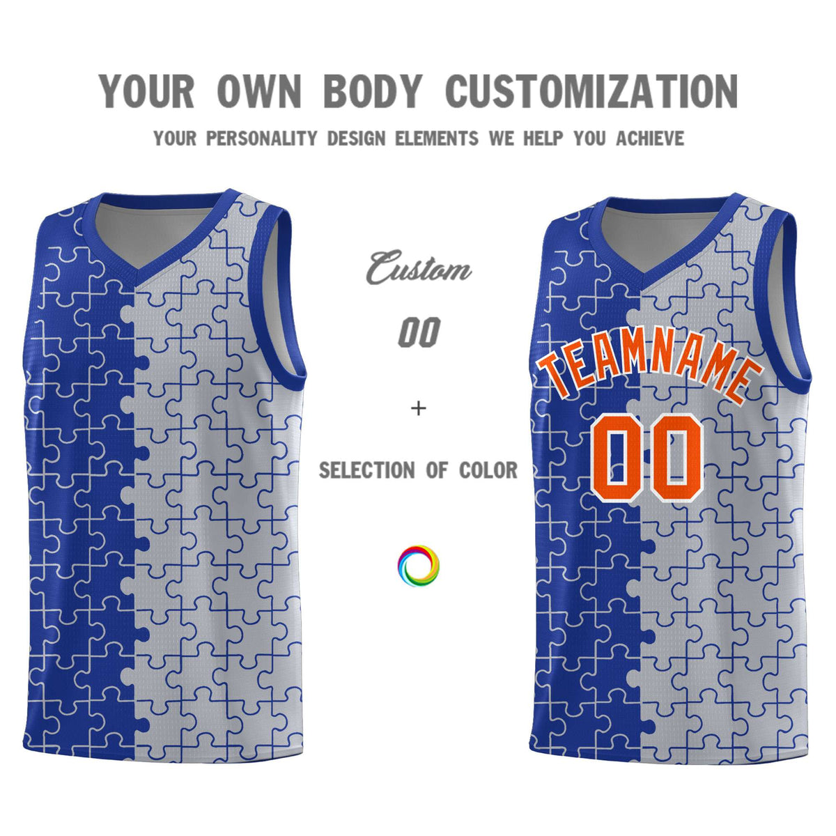 Custom Royal Gray Splid Basketball Kits With Puzzle Pattern