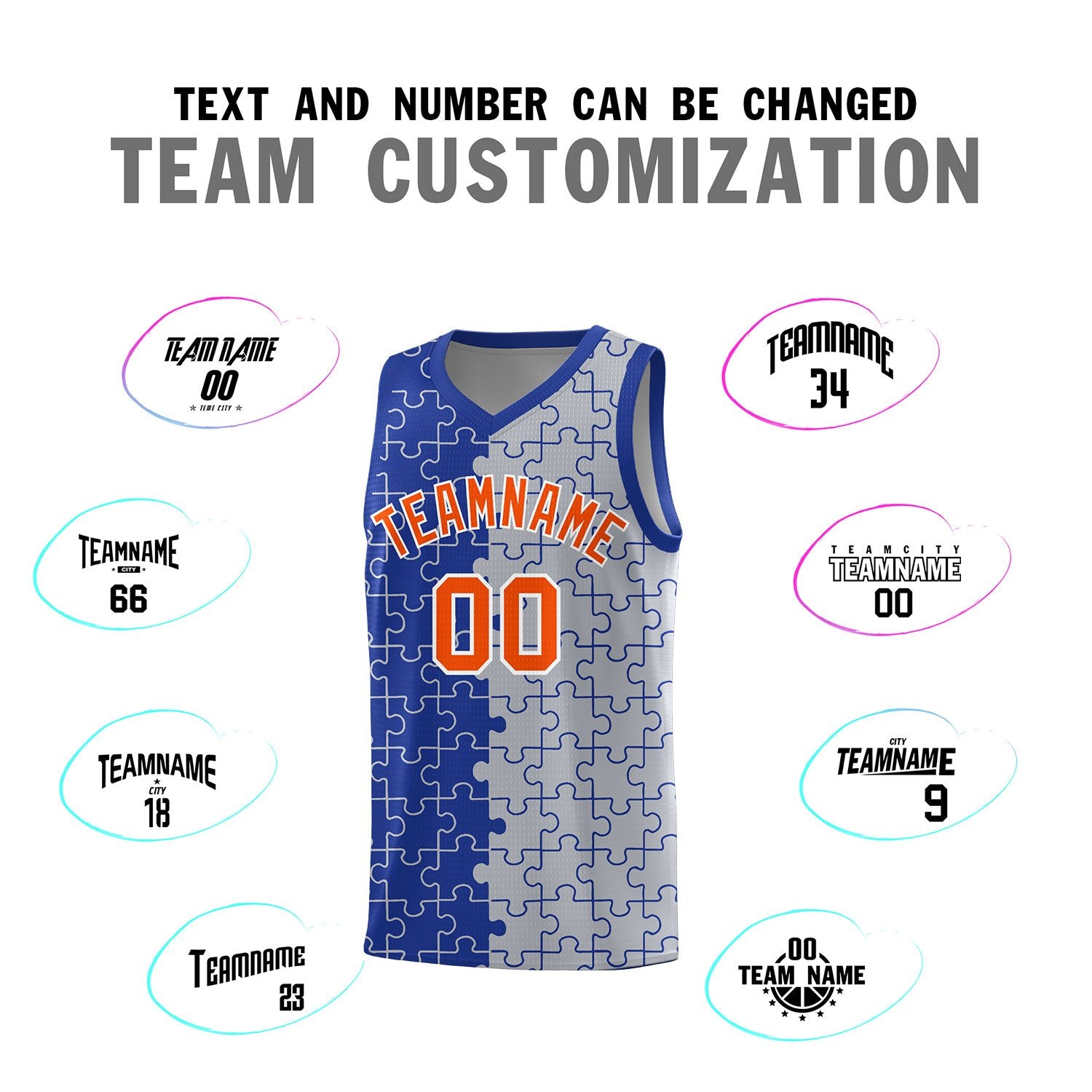Custom Royal Gray Splid Basketball Kits With Puzzle Pattern