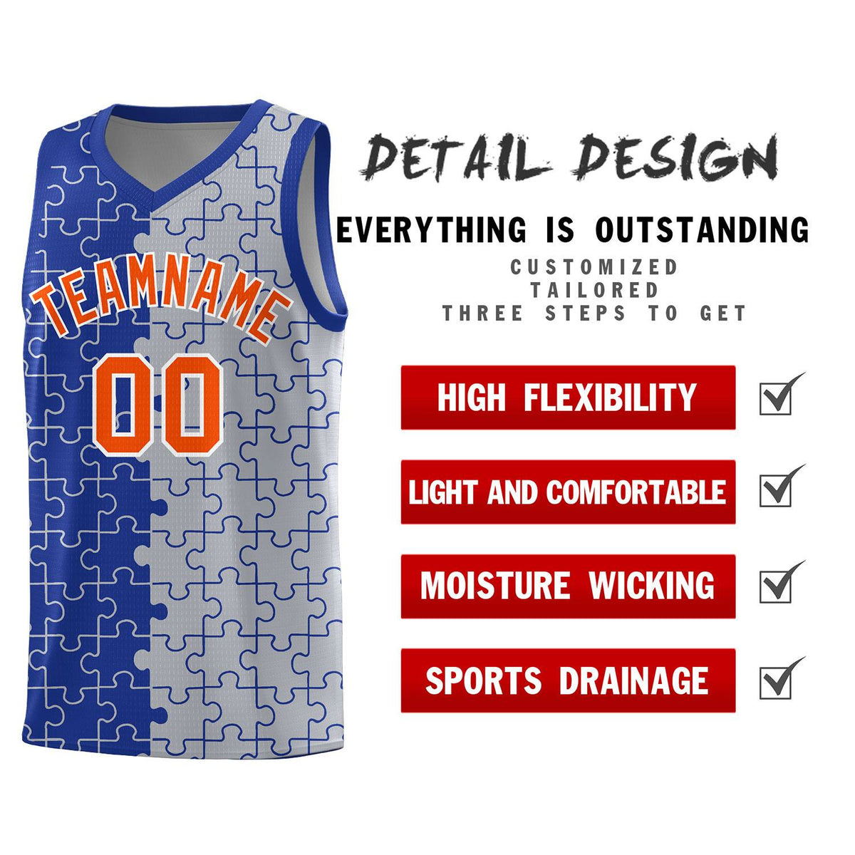 Custom Royal Gray Splid Basketball Kits With Puzzle Pattern