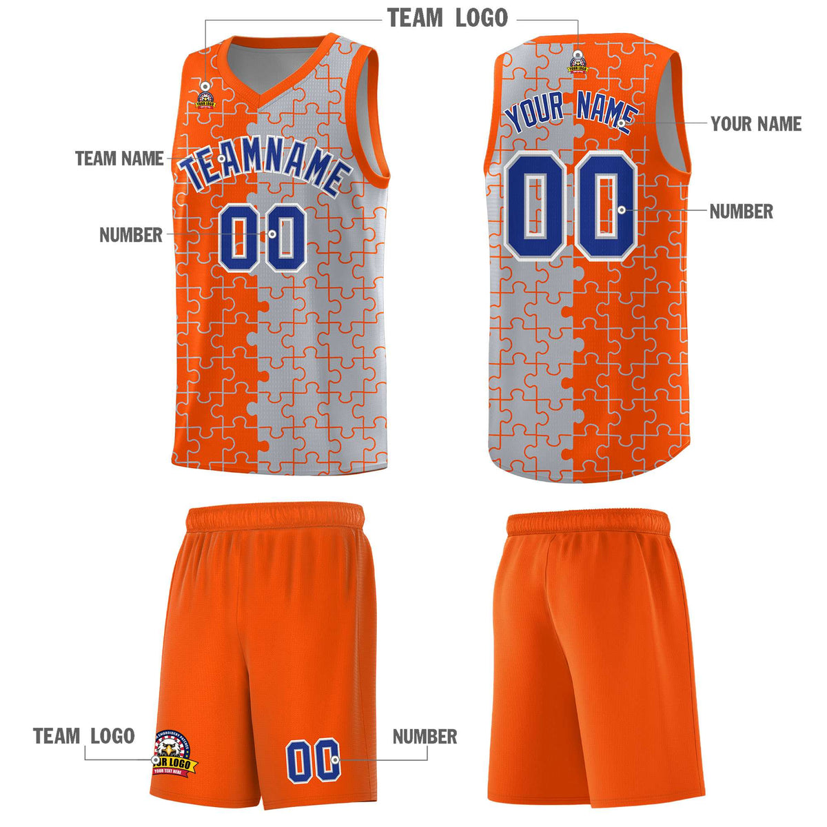 Custom Orange Gray Splid Basketball Kits With Puzzle Pattern