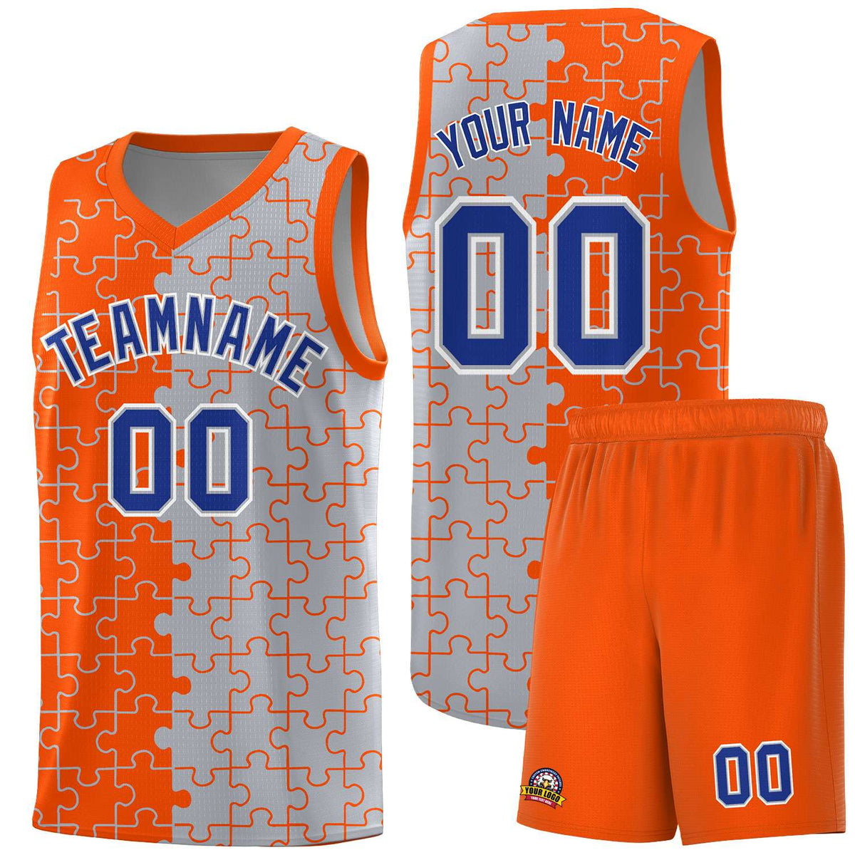 Custom Orange Gray Splid Basketball Kits With Puzzle Pattern