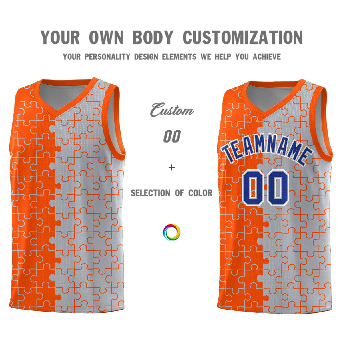 Custom Orange Gray Splid Basketball Kits With Puzzle Pattern