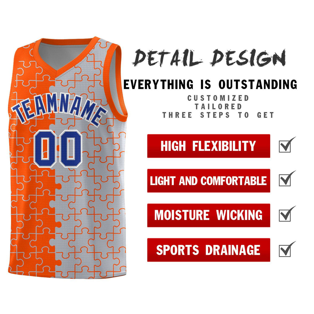 Custom Orange Gray Splid Basketball Kits With Puzzle Pattern