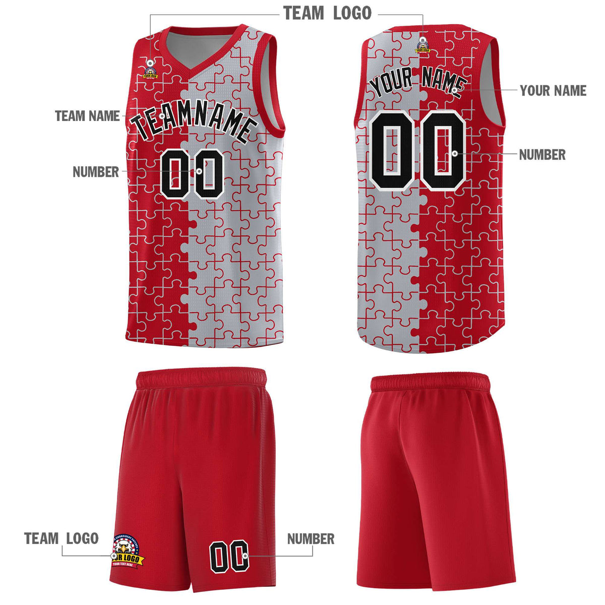 Custom Red Gray Splid Basketball Kits With Puzzle Pattern