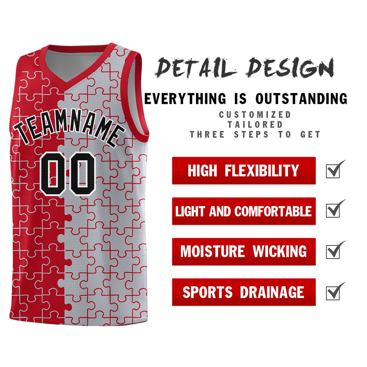 Custom Red Gray Splid Basketball Kits With Puzzle Pattern