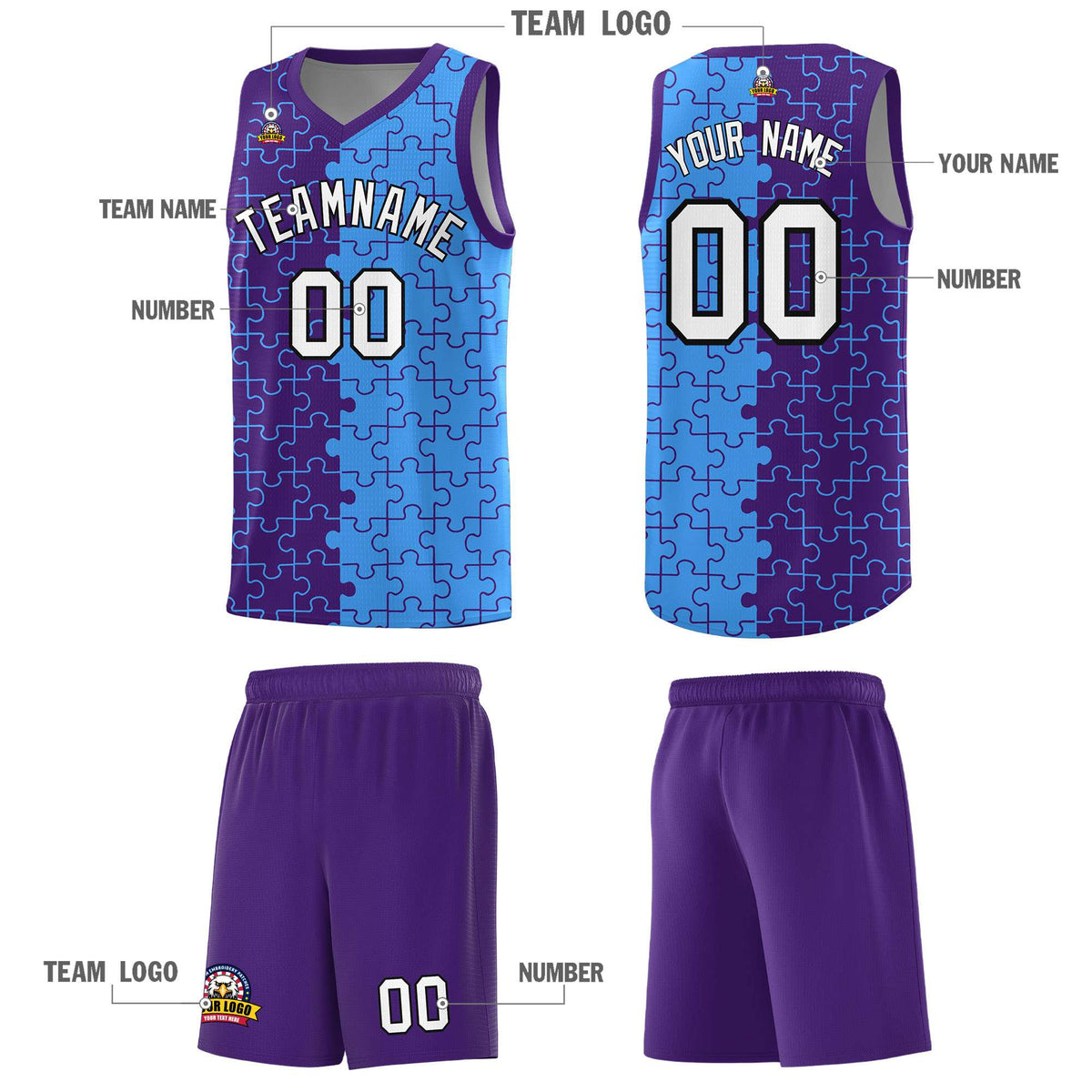 Custom Purple Light Blue Splid Basketball Kits With Puzzle Pattern