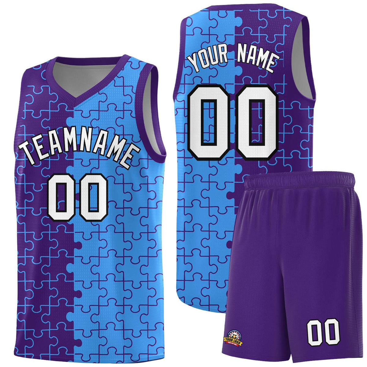Custom Purple Light Blue Splid Basketball Kits With Puzzle Pattern
