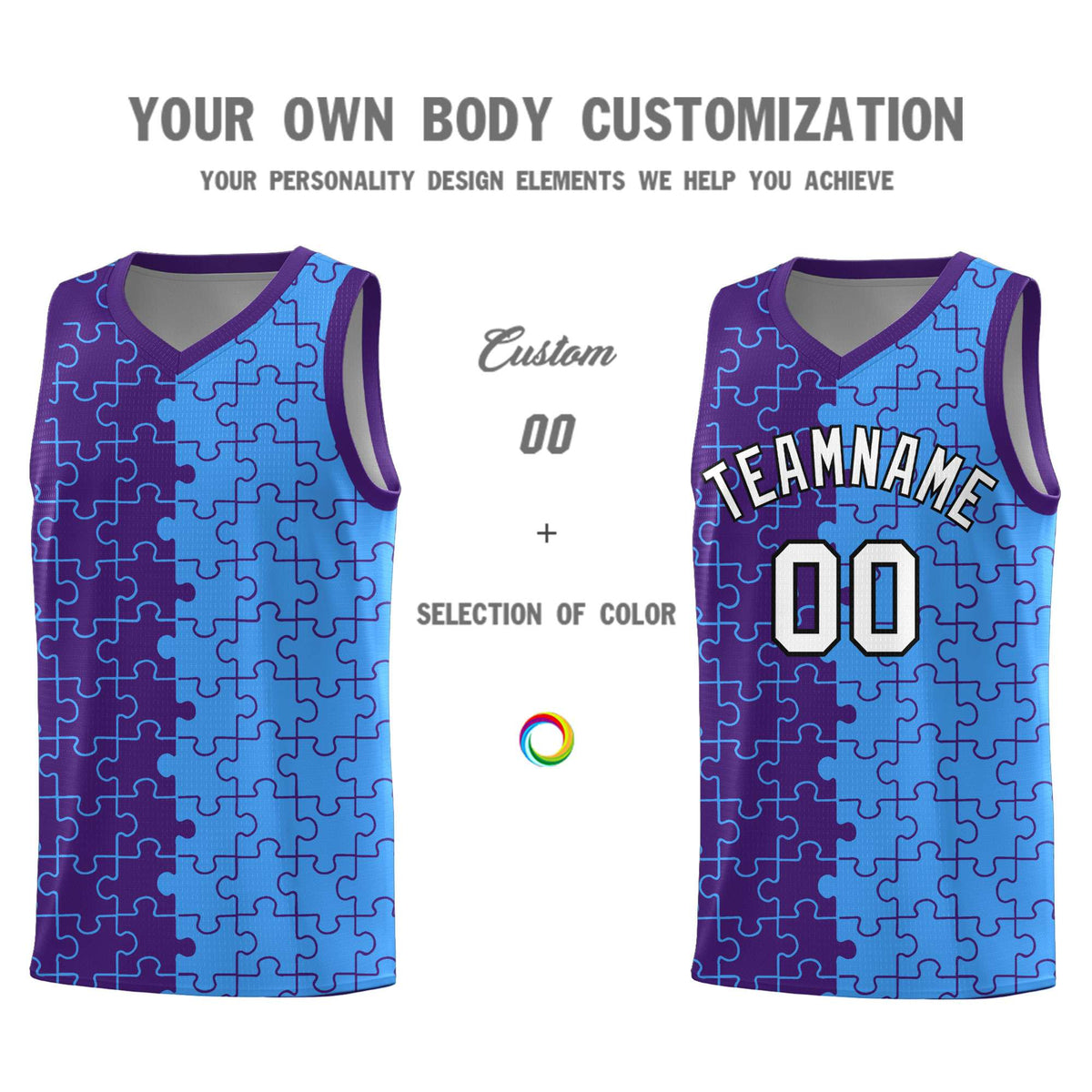 Custom Purple Light Blue Splid Basketball Kits With Puzzle Pattern