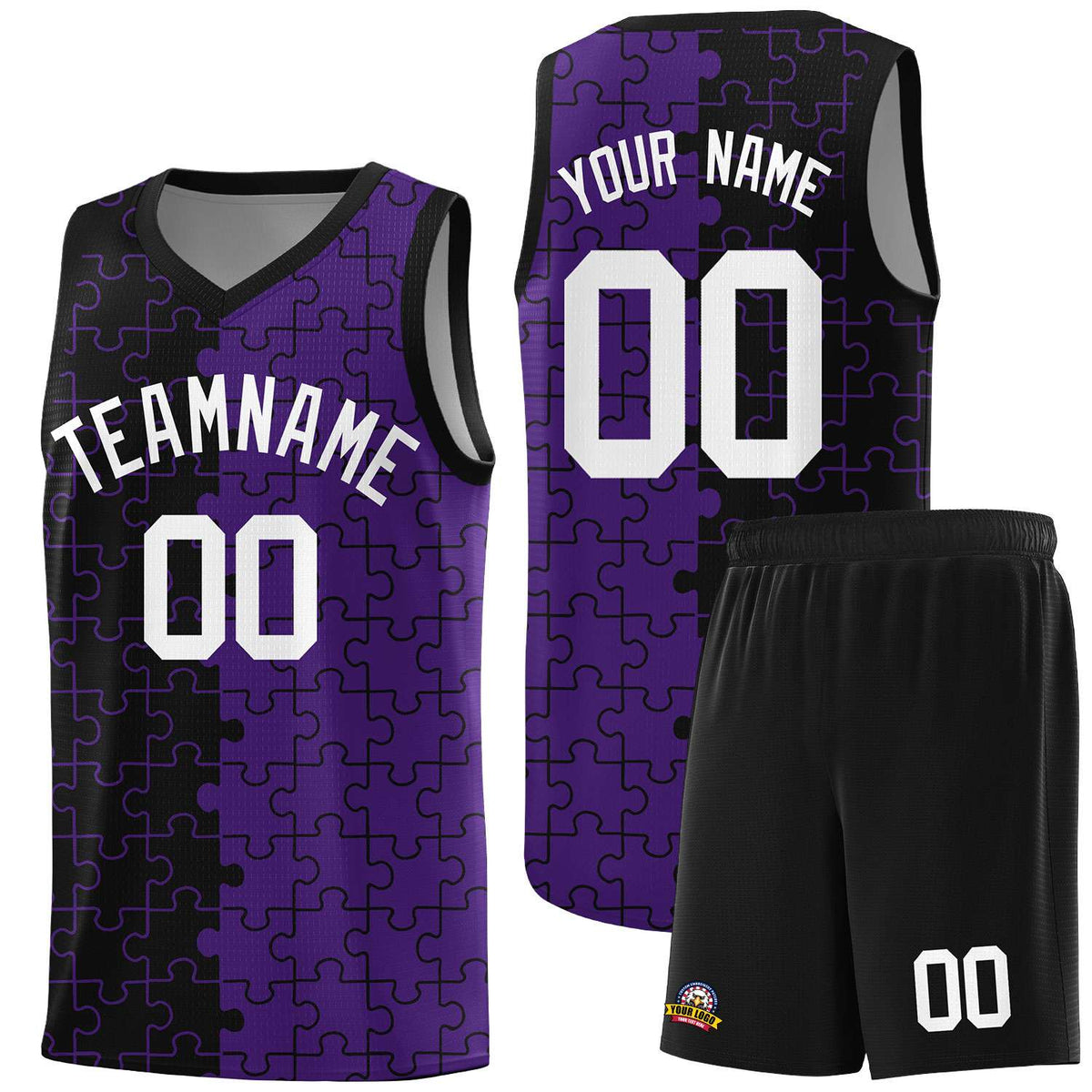 Custom Black Purple Splid Basketball Kits With Puzzle Pattern