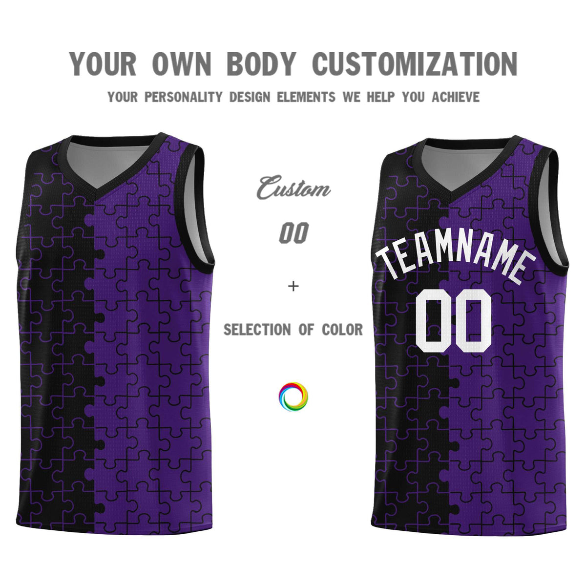 Custom Black Purple Splid Basketball Kits With Puzzle Pattern