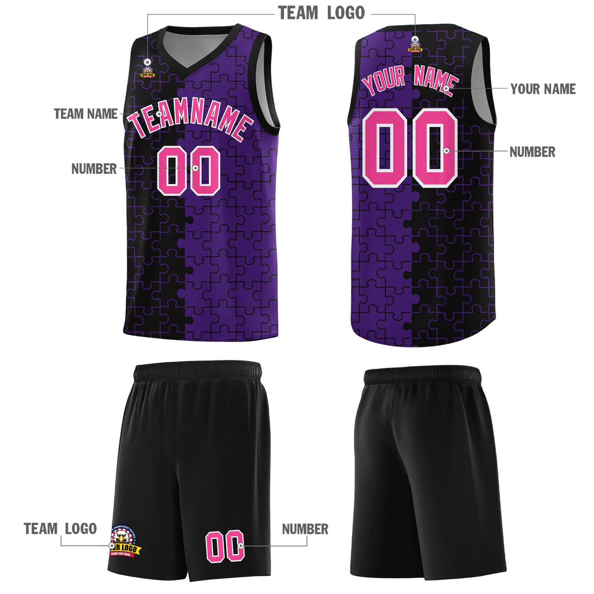 Custom Black Purple Splid Basketball Kits With Puzzle Pattern
