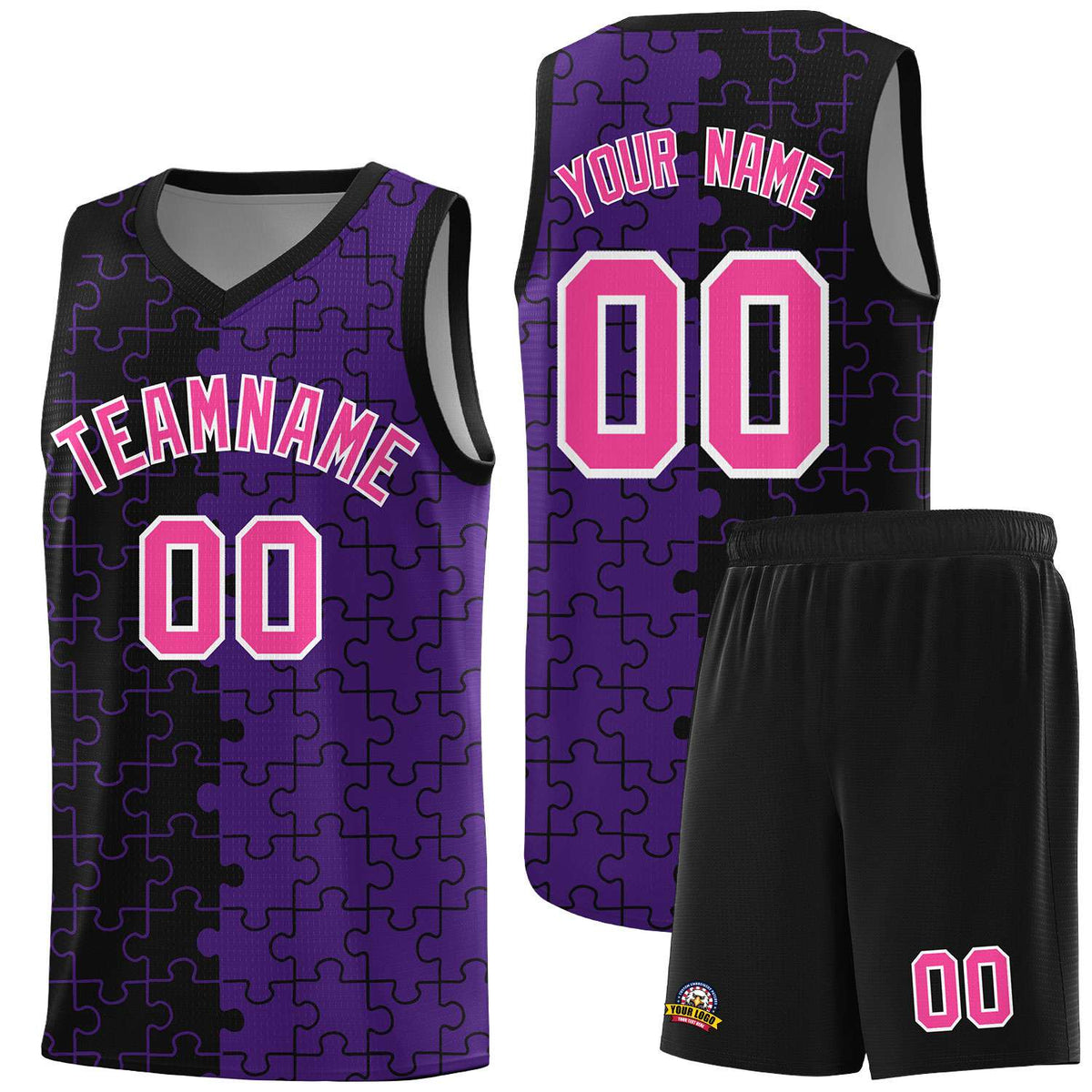 Custom Black Purple Splid Basketball Kits With Puzzle Pattern