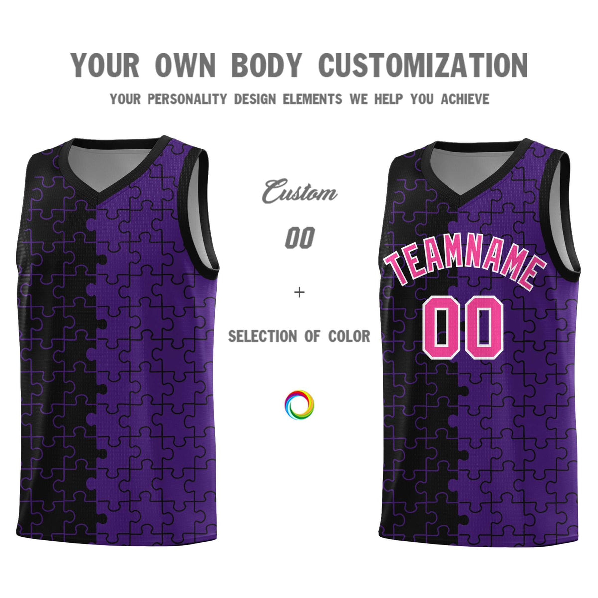 Custom Black Purple Splid Basketball Kits With Puzzle Pattern