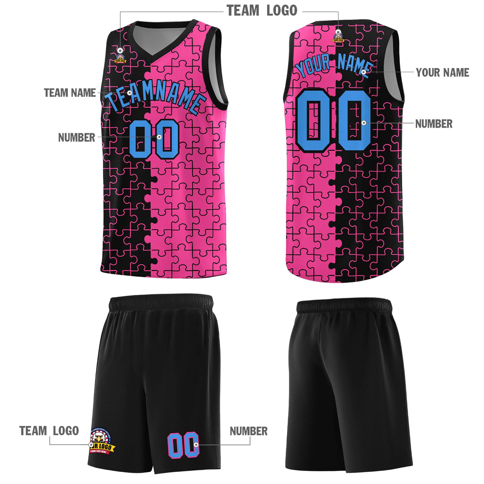 Custom Black Pink Splid Basketball Kits With Puzzle Pattern