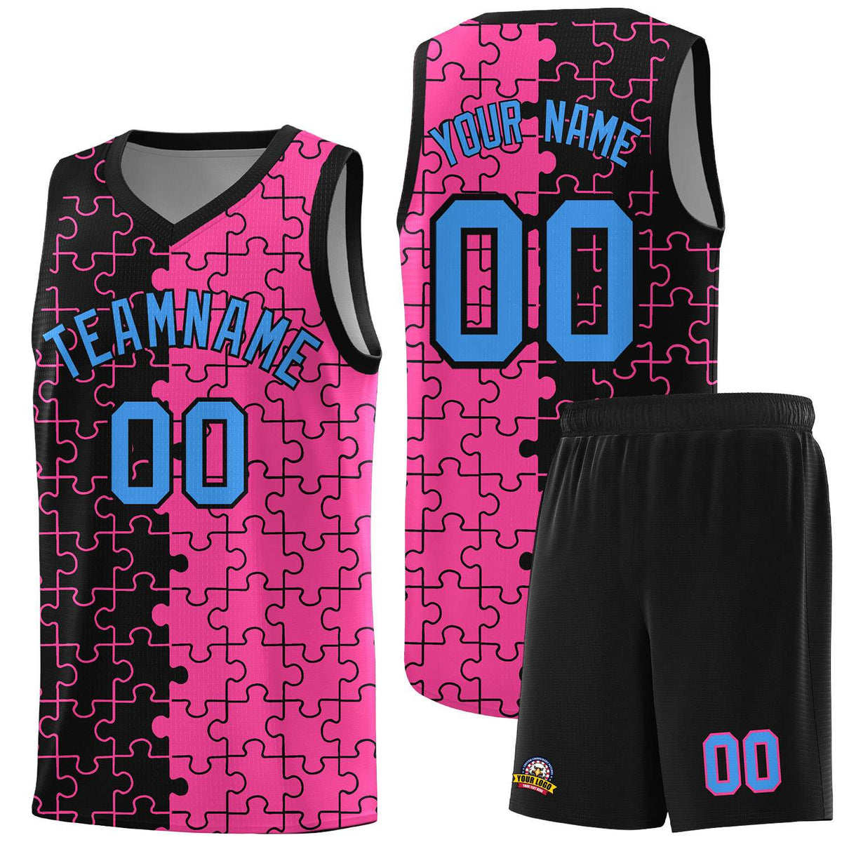 Custom Black Pink Splid Basketball Kits With Puzzle Pattern