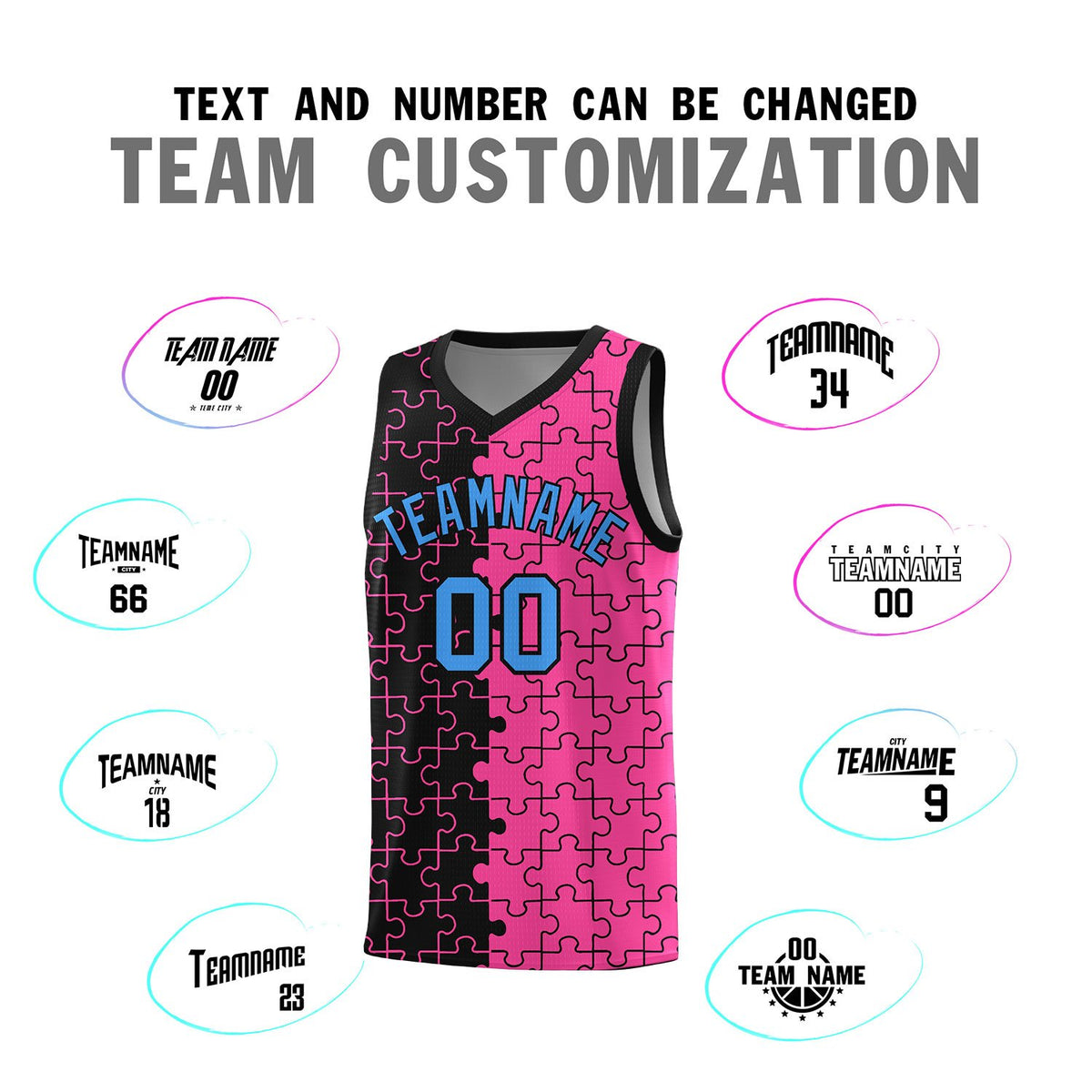 Custom Black Pink Splid Basketball Kits With Puzzle Pattern