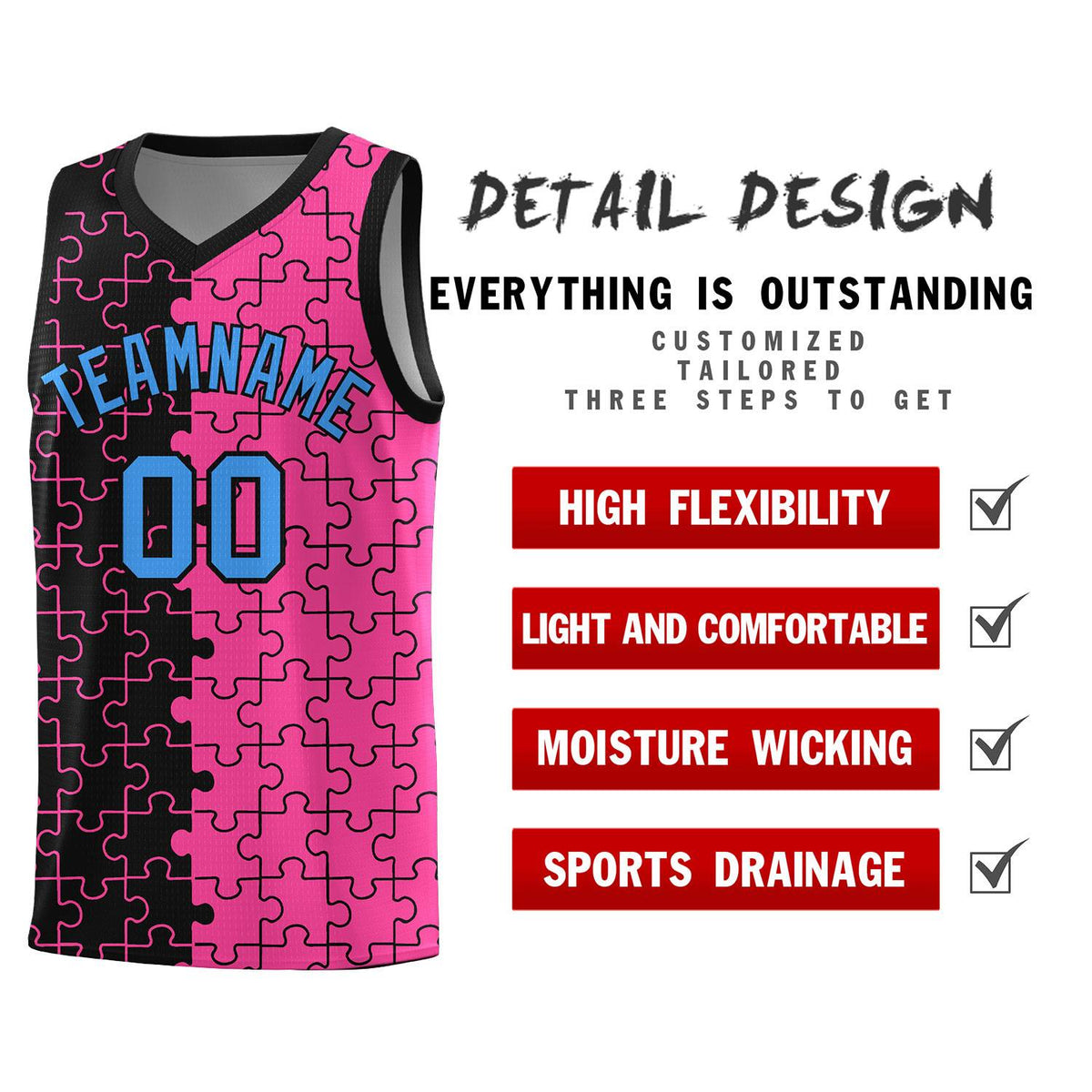 Custom Black Pink Splid Basketball Kits With Puzzle Pattern