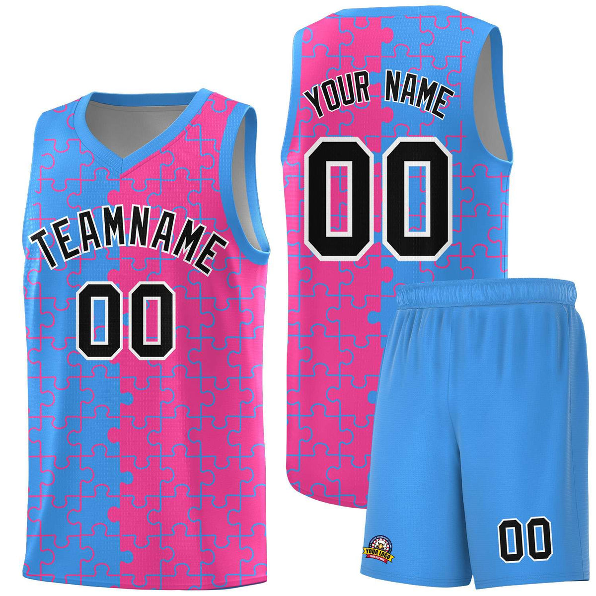 Custom Light Blue Pink Splid Basketball Kits With Puzzle Pattern