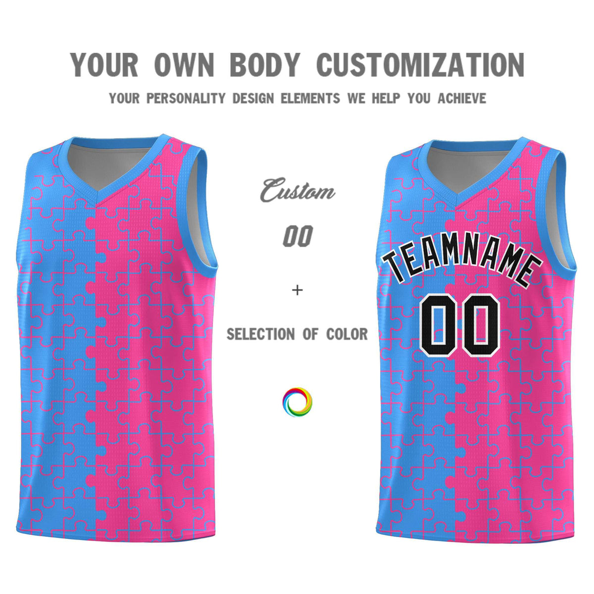 Custom Light Blue Pink Splid Basketball Kits With Puzzle Pattern