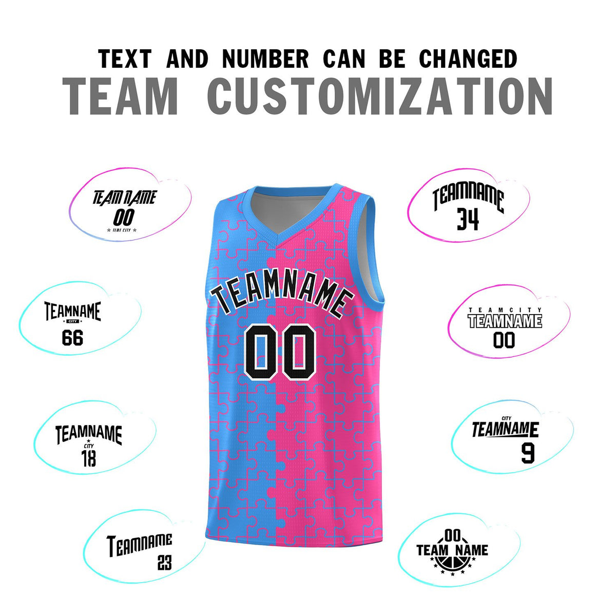 Custom Light Blue Pink Splid Basketball Kits With Puzzle Pattern