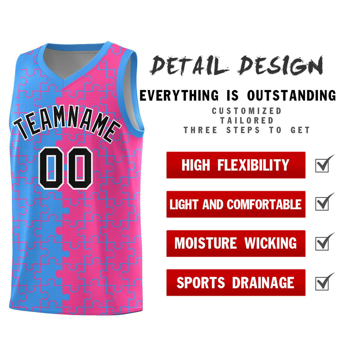 Custom Light Blue Pink Splid Basketball Kits With Puzzle Pattern