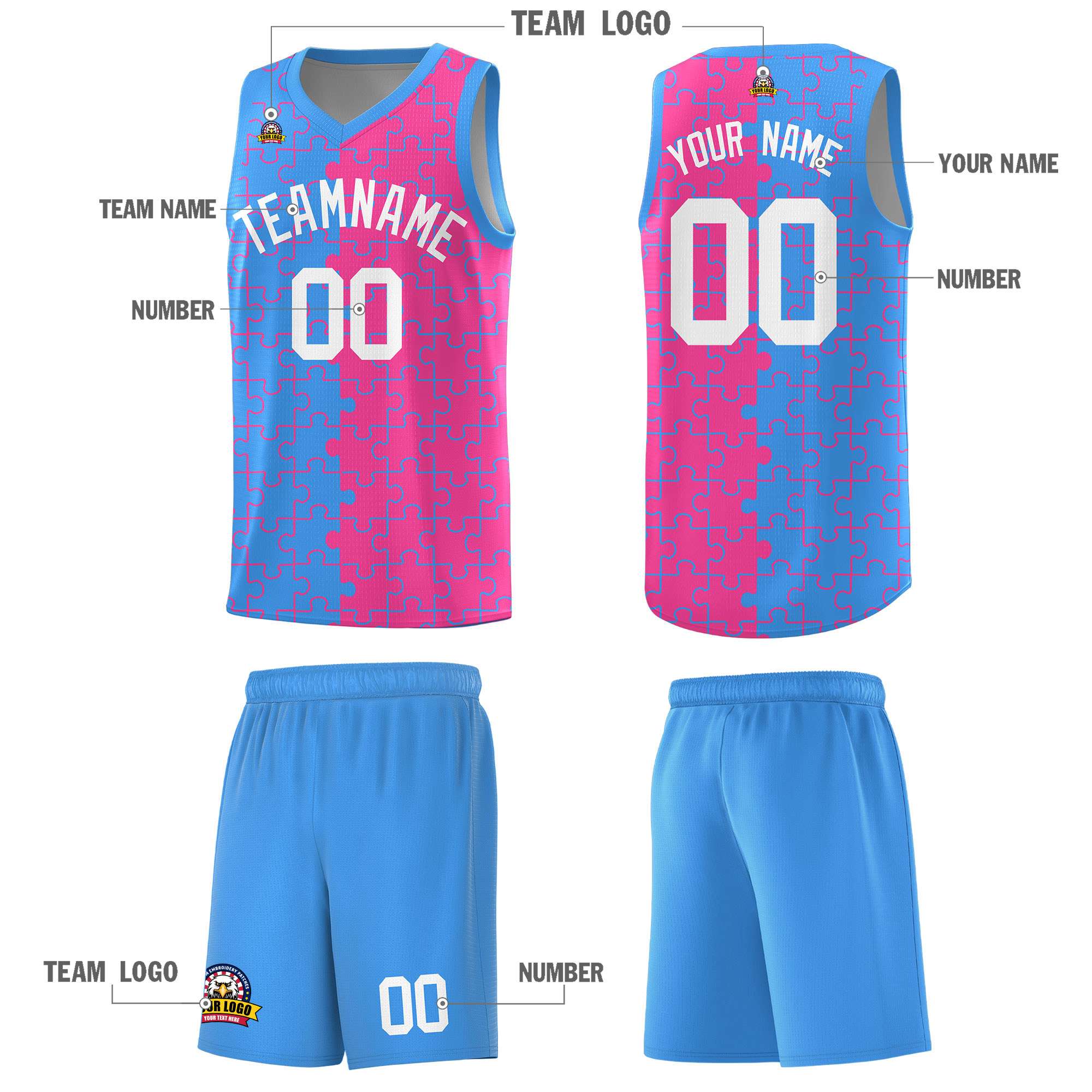 Custom Light Blue Pink Splid Basketball Kits With Puzzle Pattern