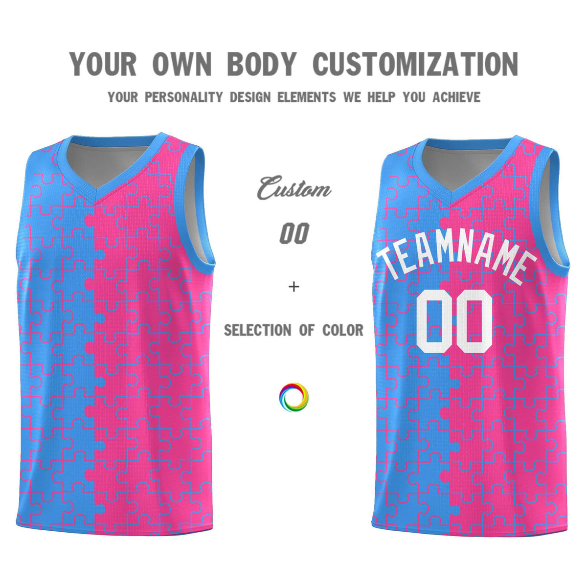 Custom Light Blue Pink Splid Basketball Kits With Puzzle Pattern