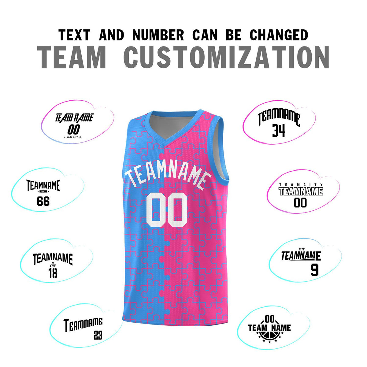 Custom Light Blue Pink Splid Basketball Kits With Puzzle Pattern
