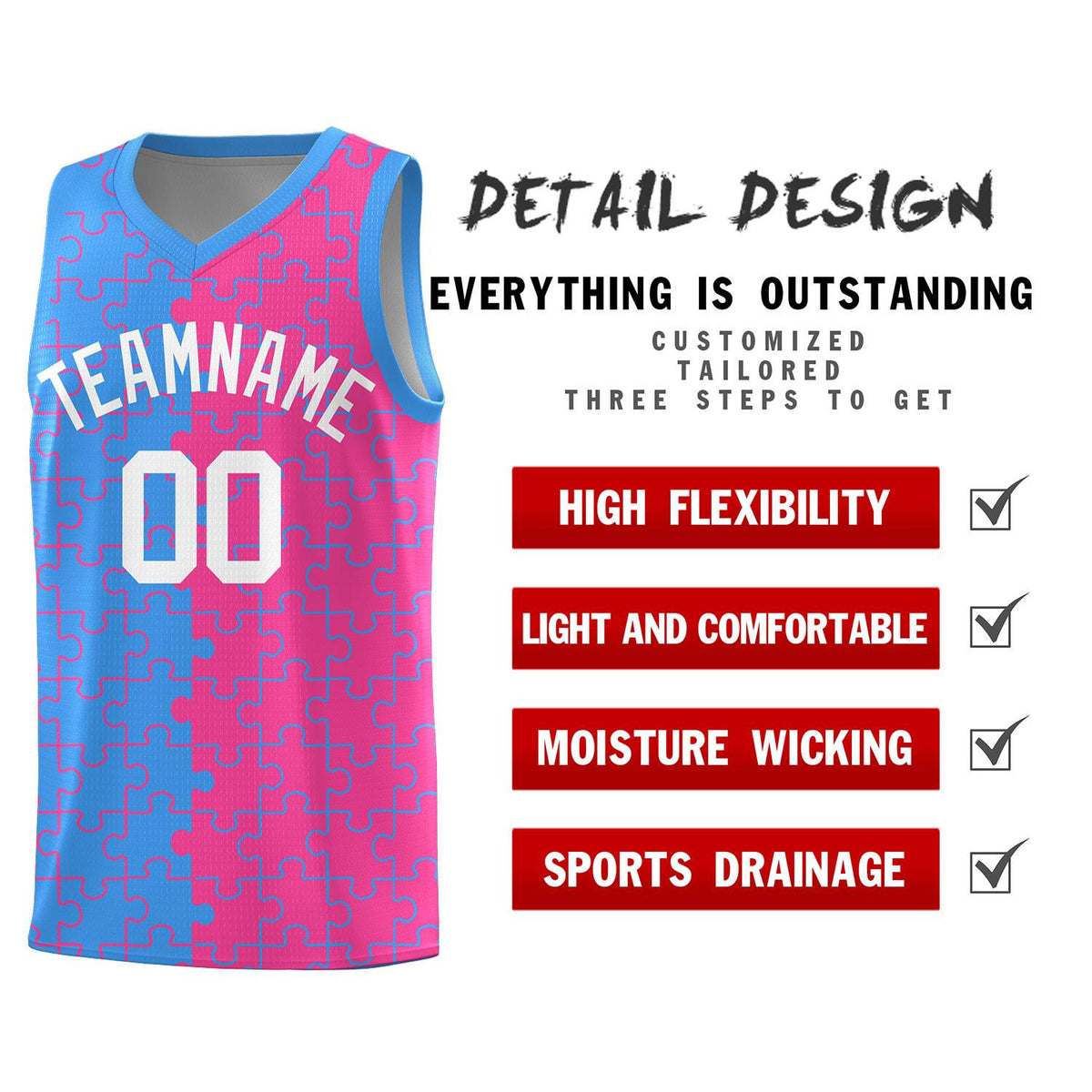 Custom Light Blue Pink Splid Basketball Kits With Puzzle Pattern