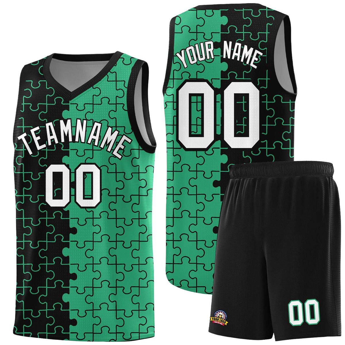 Custom Black Green Splid Basketball Kits With Puzzle Pattern