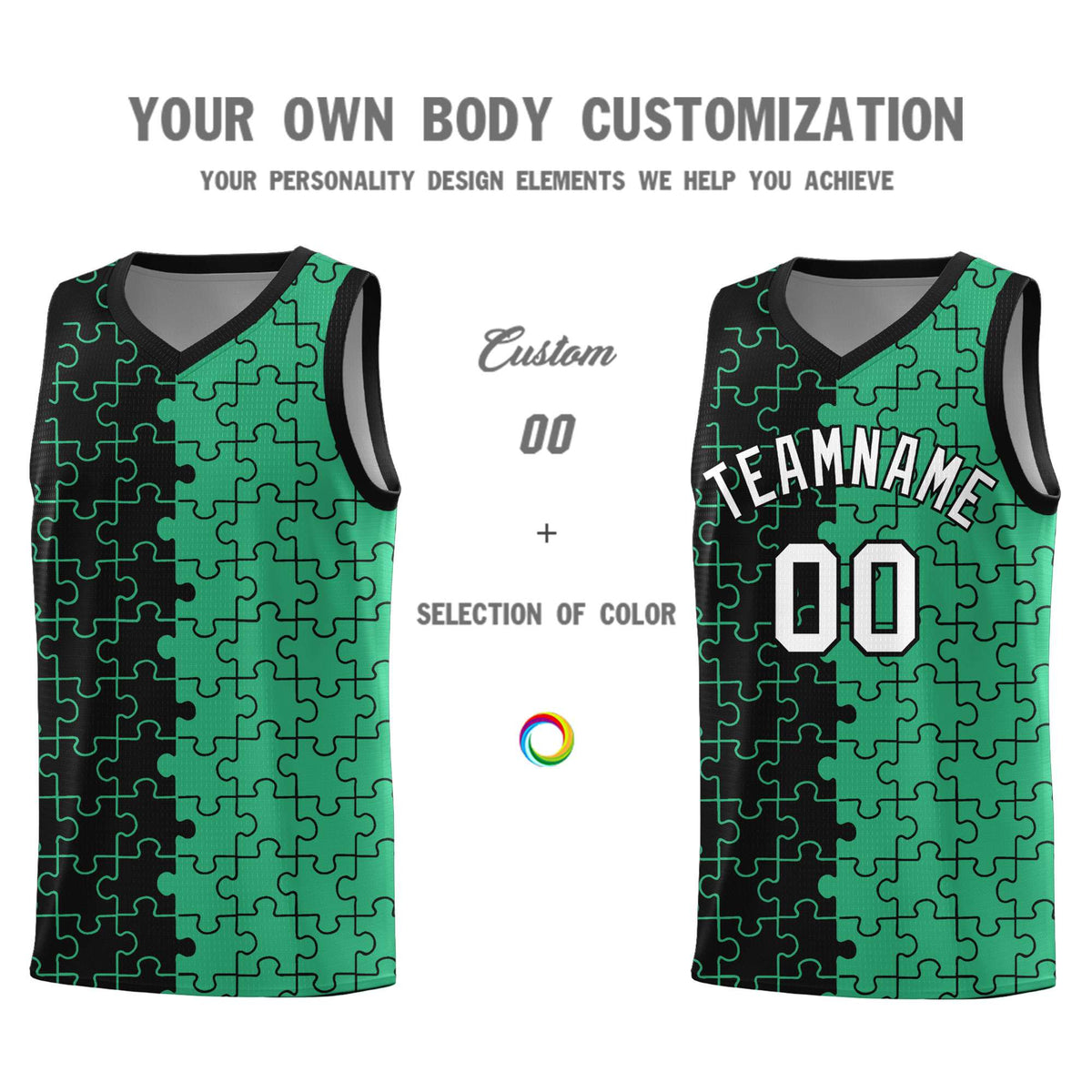 Custom Black Green Splid Basketball Kits With Puzzle Pattern