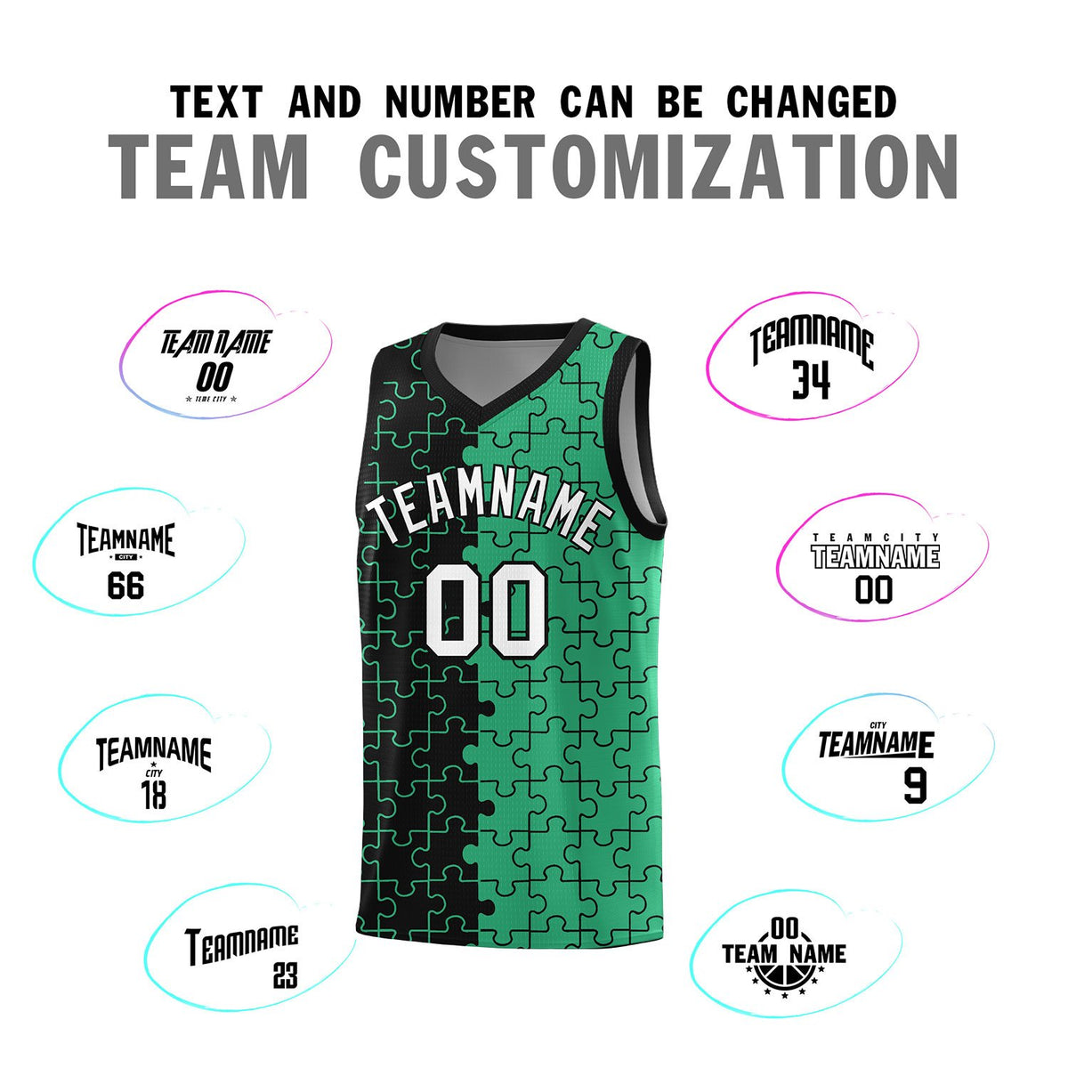 Custom Black Green Splid Basketball Kits With Puzzle Pattern