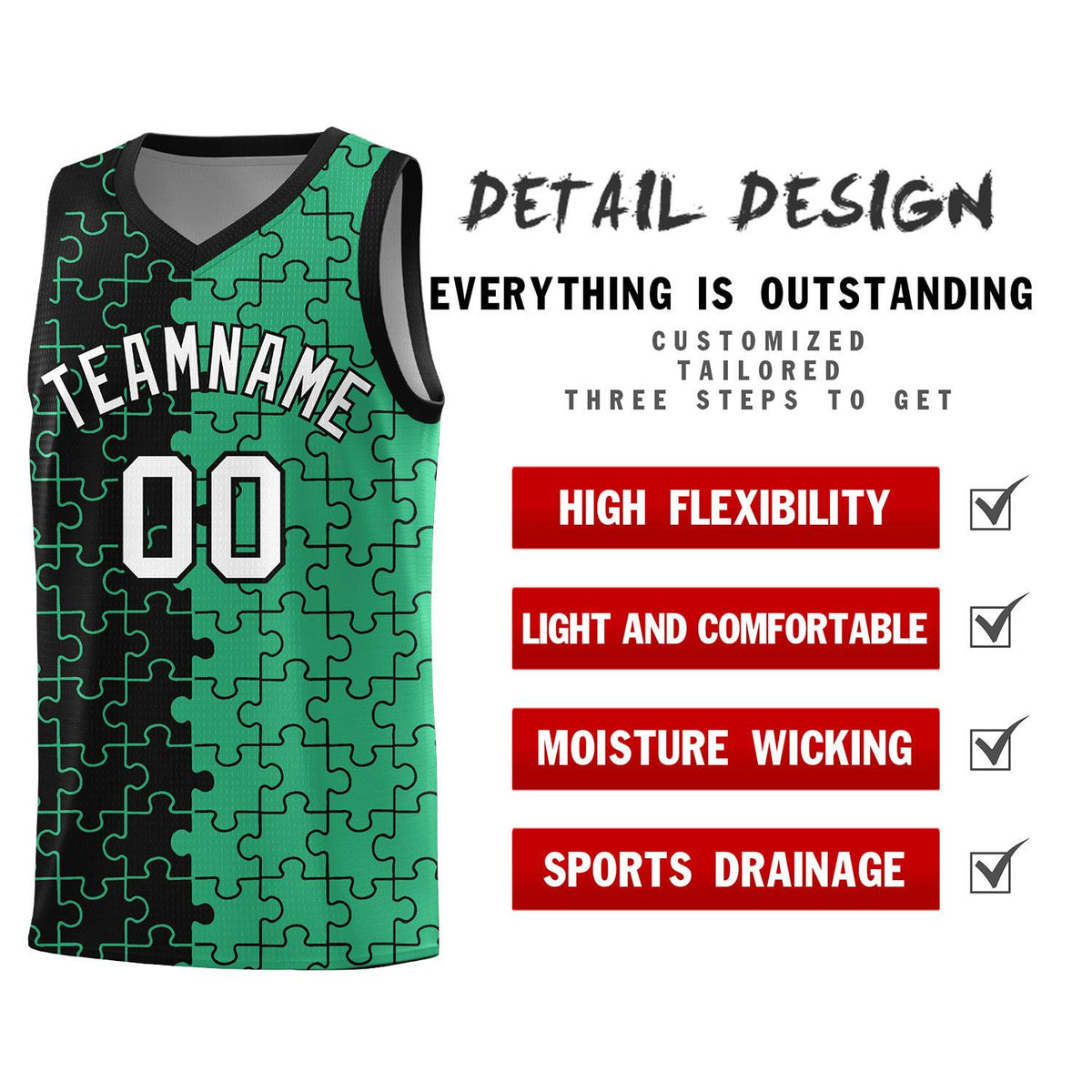 Custom Black Green Splid Basketball Kits With Puzzle Pattern