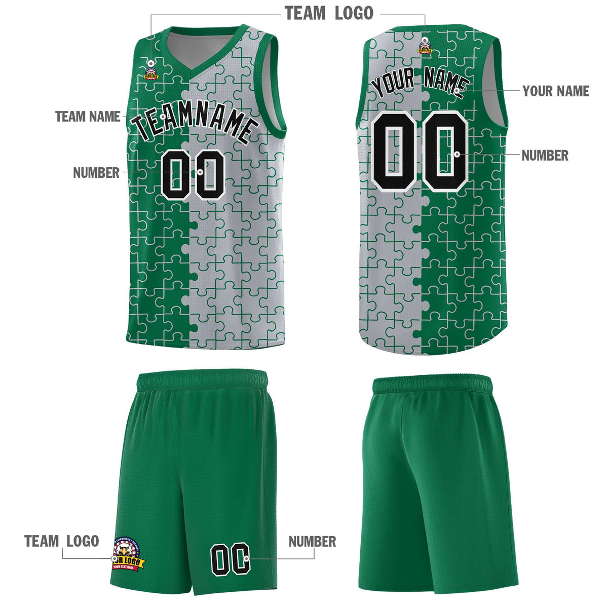 Custom Kelly Green Gray Splid Basketball Kits With Puzzle Pattern